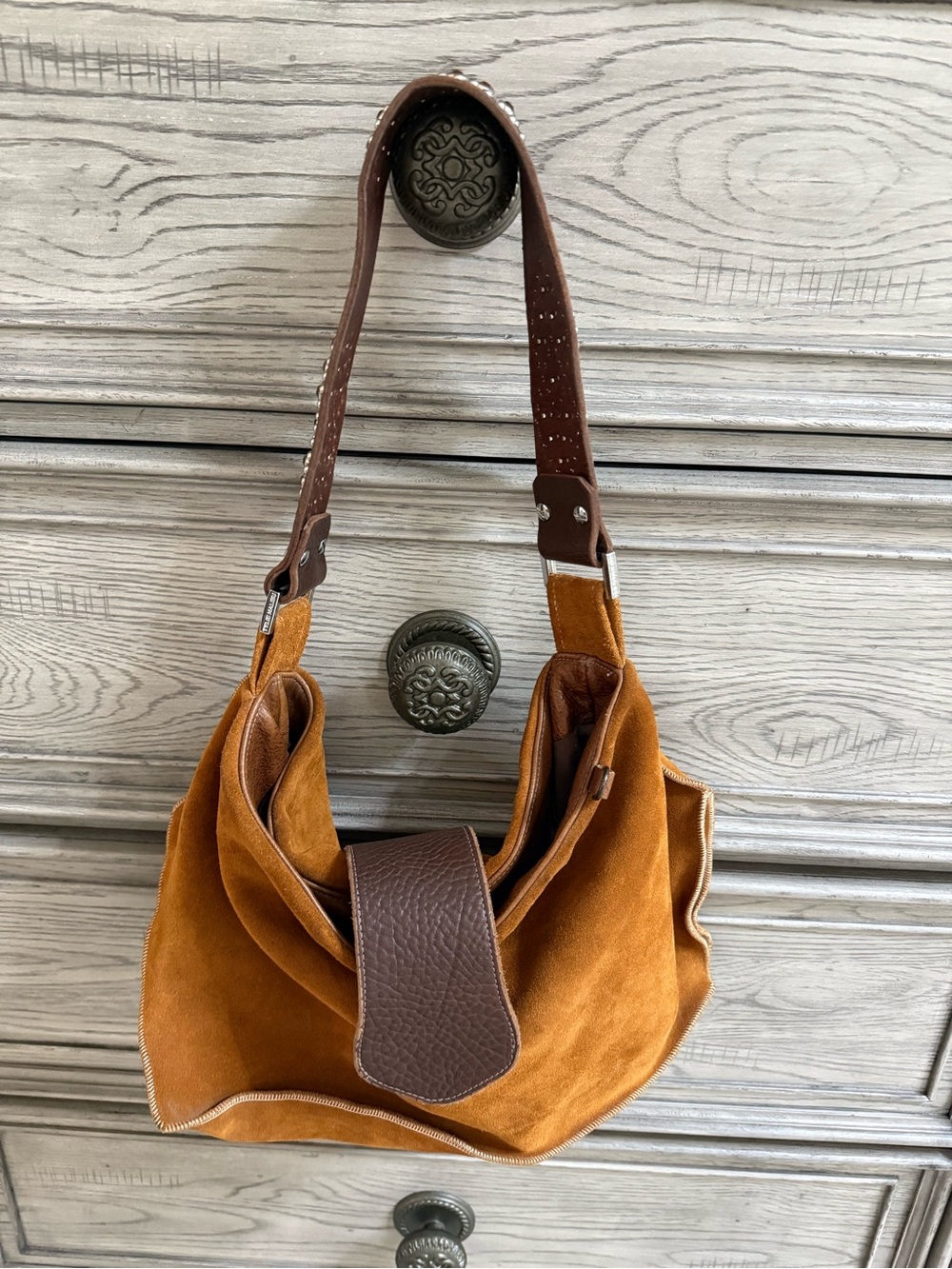 Tylie Malibu Suede Shoulder Bag in Camel and Dark Brown